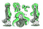  1girl artist_name boots character_sheet commentary covering_face domino_mask double_(zoza) fangs flying_sweatdrops football_helmet full_body fusion green_eyes green_hair helmet holding holding_weapon ink_tank_(splatoon) inkling jacket long_hair long_sleeves looking_at_viewer mask mini_splatling_(splatoon) octarian octopus open_mouth shy signature smile solo splatoon squid standing takozonesu tentacle_hair upper_body weapon zoza 