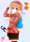  1girl backpack bag black_legwear blonde_hair brown_eyes doma_umaru expressionless hamster hat highres himemiya_shuang himouto!_umaru-chan hood hoodie laces looking_at_viewer mask mask_removed shorts signature simple_background solo sweatshirt thigh-highs white_background zipper 
