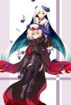  2girls :&lt; aqua_hair armor armored_boots black_legwear blonde_hair blush boots cape chain fate/grand_order fate_(series) flower fur_trim gauntlets hair_ornament hair_over_one_eye hands_on_another&#039;s_head head_wreath jeanne_alter kneeling lancer_(fate/prototype_fragments) long_hair multiple_girls no_headwear oiun petals ruler_(fate/apocrypha) ruler_(fate/grand_order) short_hair sitting skirt smile thigh-highs torn_cape violet_eyes yellow_eyes yuri zettai_ryouiki 