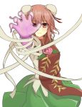  1girl bandaged_arm bandages chinese_clothes cowboy_shot double_bun expressionless flower green_skirt hair_between_eyes hair_ribbon highres ibaraki_kasen looking_at_viewer outstretched_arm ozu_(agito100001) pink_eyes pink_hair pink_rose red_ribbon ribbon rose shirt simple_background skirt solo tabard touhou white_background white_shirt 