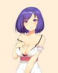  1girl black_bra blush bra breasts cleavage collarbone dress hair_ornament hairclip hand_on_own_chest large_breasts looking_at_viewer off_shoulder original purple_hair short_hair simple_background smile solo strap_slip underwear violet_eyes white_dress zimajiang 