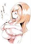  1girl alternate_hair_length alternate_hairstyle bare_shoulders blush breasts cleavage closed_eyes commentary_request djeeta_(granblue_fantasy) granblue_fantasy hairband hand_on_own_shoulder kurimomo large_breasts long_hair long_sleeves monochrome off_shoulder upper_body 