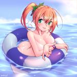  1girl :p arched_back artist_name ass bangs bare_shoulders bikini blue_sky blush breasts clouds collarbone crossed_arms green_eyes hair_between_eyes hair_ornament innertube large_breasts leaf_hair_ornament looking_at_viewer ocean original partially_submerged ponytail ranken sky solo swimsuit tongue tongue_out water white_bikini 