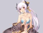  1girl :d arm_support bare_arms bare_shoulders bikini blue_bikini blue_ribbon bow breasts cleavage collarbone dark_skin earrings fate/grand_order fate_(series) frilled_bikini frills front-tie_bikini front-tie_top grey_background hair_bow horns jewelry kiyohime_(fate/grand_order) lavender_hair long_hair long_sleeves looking_at_viewer medium_breasts navel open_mouth oukawa_yuu ponytail red_eyes ribbon silver_hair simple_background sitting smile solo stomach swimsuit teeth thighs very_long_hair wide_sleeves yellow_bow yokozuwari 