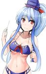  1girl adapted_costume alternate_hairstyle bikini blue_bikini blue_hair blush book breasts cleavage collarbone commentary_request cowboy_shot hat highres holding holding_book kamishirasawa_keine large_breasts long_hair looking_at_viewer multicolored_hair navel ponytail red_eyes sidelocks silver_hair smile solo stomach swimsuit touhou two-tone_hair under_boob white_background y2 