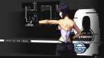  1girl absurdres black_hair eru_(9878622) fingerless_gloves from_behind ghost_in_the_shell ghost_in_the_shell_stand_alone_complex gloves gun highleg highleg_panties highres kusanagi_motoko laughing_man leotard panties short_hair solo underwear weapon 