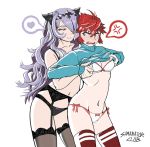  2girls assisted_exposure blush bra breasts camilla_(fire_emblem_if) cleavage commentary fire_emblem fire_emblem_if garter_straps hair_over_one_eye hinoka_(fire_emblem_if) lingerie long_hair multiple_girls purple_hair red_eyes redhead samanator_club short_hair smile thigh-highs underwear violet_eyes yuri 