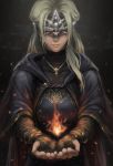  1girl blonde_hair breasts cape capelet cloak dark_souls_iii dress fire fire_keeper highres jewelry lips long_hair marco_poon mask necklace smile solo souls_(from_software) 