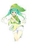  1girl 2016 :d alternate_eye_color ankle_boots aqua_hair bangs bloomers blush boots breasts buttons capelet dated eyebrows eyebrows_visible_through_hair eyelashes frog_eyes full_body gradient_hair green_boots green_hair hair_ornament hatsune_miku headphones highres holding_leaf jumping leaf_umbrella long_hair long_sleeves looking_at_viewer multicolored_hair open_mouth p.p_(operson_nangko) red_eyes rubber_boots shorts signature simple_background small_breasts smile solo sphere thigh_gap twintails underwear very_long_hair vocaloid water_drop wet white_background white_shorts 