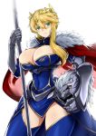  1girl artoria_pendragon_lancer_(fate/grand_order) blonde_hair blue_eyes blue_legwear breasts cape cleavage covered_navel fate/grand_order fate_(series) fur_trim gauntlets headwear_removed helmet helmet_removed highres holding holding_weapon kurobuchi_numama large_breasts long_hair looking_at_viewer saber simple_background solo thigh-highs weapon white_background 