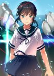  1girl alternate_eye_color black_hair blue_eyes blue_skirt fubuki_(kantai_collection) glowing kantai_collection looking_at_viewer low_ponytail neckerchief pleated_skirt ponytail satsuki_neko school_uniform serafuku short_hair short_ponytail skirt solo teeth wind 