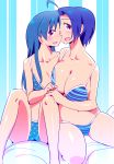  2girls :d absurdres ahoge bikini blue_bikini blue_hair blush breasts cleavage collarbone highres idolmaster kisaragi_chihaya long_hair looking_at_viewer miura_azusa multiple_girls open_mouth polka_dot polka_dot_bikini short_hair smile striped striped_bikini swimsuit teeth zasha 