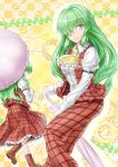  2girls arm_garter ascot boots brown_boots closed_mouth closed_umbrella dress_shirt dual_persona frilled_shirt frilled_shirt_collar frills green_eyes green_hair hair_over_one_eye holding holding_umbrella juliet_sleeves kazami_yuuka kazami_yuuka_(pc-98) long_hair long_sleeves looking_at_viewer multiple_girls open_clothes open_vest pants parasol plaid plaid_pants plaid_skirt plaid_vest puffy_sleeves shirt skirt skirt_set smile touhou touhou_(pc-98) umbrella vest white_shirt y2 