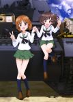  2girls absurdres akiyama_yukari blue_legwear box brown_hair collarbone eyebrows eyebrows_visible_through_hair girls_und_panzer green_skirt ground_vehicle highres holding_hands interlocked_fingers kneehighs military military_vehicle motor_vehicle multiple_girls nishizumi_miho official_art panzerkampfwagen_iv pleated_skirt school_uniform serafuku shirt short_hair skirt tank tank_shell white_shirt 