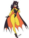  1girl batman_(series) batwoman black_gloves blue_eyes bow bowtie cape curly_hair dc_comics finger_to_mouth full_body gloves lilirulu lipstick_mark mask smile solo spandex superhero 