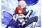 2girls armor bare_shoulders belt black_legwear black_skirt boots closed_eyes clouds cloudy_sky detached_sleeves fate/grand_order fate_(series) female_protagonist_(fate/grand_order) gloves hair_over_one_eye happy_tears holding_hands knee_boots long_sleeves multiple_girls oiun open_mouth orange_hair pantyhose pleated_skirt purple_hair shielder_(fate/grand_order) shirt short_hair sitting skirt sky smile tears white_boots white_shirt yuri 
