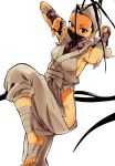  1girl antenna_hair armpits bandages barefoot black_hair breasts brown_eyes covered_face face_mask fighting_stance fingerless_gloves forehead gloves highres hip_vent ibuki_(street_fighter) long_hair mask nakahara_keihei ninja no_bra no_panties ponytail sideboob solo street_fighter 