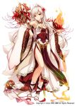  1girl animal_ears armpits bare_shoulders breasts cleavage closed_mouth commentary_request detached_sleeves dress fire flower flower_knight_girl fox_ears fox_girl fox_tail full_body hair_flower hair_ornament higanbana_(flower_knight_girl) holding holding_staff japanese_clothes kimono kyuubi large_breasts long_hair long_sleeves looking_at_viewer moneti_(daifuku) multiple_tails nail_polish official_art pink_nails red_eyes shakujou side_slit sidelocks smile solo spider_lily staff tail white_background white_dress white_hair wide_sleeves 