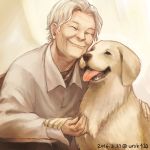  2016 ^_^ closed_eyes closed_mouth dated dog hand_on_another&#039;s_back long_sleeves number open_mouth original realistic shirt short_hair smile tongue tongue_out twitter_username uraki_(tetsu420) white_hair white_shirt 