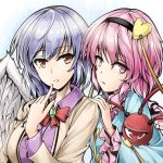  2girls angel_wings bow brooch dress finger_to_mouth hairband hand_on_another&#039;s_shoulder heart jacket jewelry kishin_sagume komeiji_satori lavender_hair long_sleeves looking_at_viewer multiple_girls open_clothes open_jacket parted_lips pink_eyes pink_hair purple_dress red_eyes shirt single_wing smile third_eye touhou upper_body wide_sleeves wings y2 