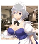  1girl adapted_costume apron blue_dress blue_eyes blurry_background breasts ceiling cleavage cup detached_collar dress grey_hair hair_between_eyes heart heart-shaped_pupils highres indoors izayoi_sakuya large_breasts looking_at_viewer maid maid_apron maid_headdress photo_background puffy_short_sleeves puffy_sleeves shiny shiny_hair shiny_skin short_hair short_sleeves smile solo strapless strapless_dress symbol-shaped_pupils table teacup teapot touhou tray upper_body wrist_cuffs x&amp;x&amp;x 