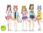  5girls absurdres ahoge animal_ears bag bangs bare_legs barefoot bikini bikini_under_clothes blue_eyes blue_hair bow breasts brown_eyes brown_hair cat_ears frilled_skirt frills full_body gradient_hair hair_bow hand_on_own_chest handbag highres hood hooded_jacket innertube jacket kanzaki_hiro long_hair multicolored_hair multiple_girls original scan school_swimsuit short_hair shorts simple_background skirt small_breasts swept_bangs swimsuit violet_eyes white_background 