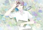  1boy artist_name belt bishounen blue_rose brown_eyes daisy dated expressionless floral_background flower gradient_hair hand_on_own_forehead heterochromia lavender_eyes looking_at_viewer lying miyata_kana multicolored_hair notebook on_back open_hand original rose shirt short_hair short_sleeves solo white_shirt 
