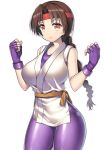  1girl blush braid breasts brown_eyes brown_hair dougi fingerless_gloves gloves headband large_breasts long_hair nagase_haruhito single_braid solo spandex the_king_of_fighters yuri_sakazaki 