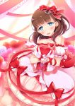  1girl bare_shoulders blue_eyes blush breasts brown_hair dress futatsukiaiji hairband heart heart-shaped_pupils highres idolmaster idolmaster_cinderella_girls jewelry looking_at_viewer necklace open_mouth ribbon sakuma_mayu short_hair smile solo symbol-shaped_pupils 