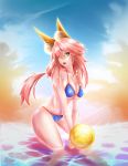  1girl animal_ears bikini breasts cleavage collarbone fang fate/extra fate/grand_order fate_(series) fox_ears fox_tail highres large_breasts long_hair looking_at_viewer ocean open_mouth pink_hair solo sunset swimsuit tail tamamo_(fate)_(all) tamamo_no_mae_(swimsuit_lancer)_(fate) tape_de_banana yellow_eyes 