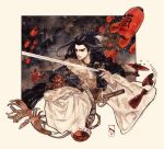  1boy black_eyes black_hair chinese_clothes demetrio highres lantern long_hair male_focus paper_lantern sakazuki shang_bu_huan solo sword thunderbolt_fantasy traditional_media watercolor_(medium) weapon 