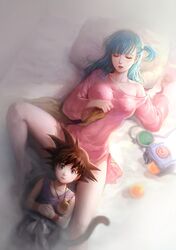  1boy 1girl aqua_hair black_hair breasts bulma collarbone dougi dragon_ball dragon_ball_(object) dragon_radar fooltown from_above lap_pillow long_hair long_sleeves looking_at_viewer lying medium_breasts monkey_tail off_shoulder on_back open_eyes pajamas pillow radar sleeping sleeveless son_gokuu spiky_hair tail wristband 