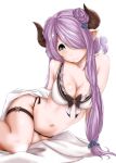  1girl arm_support bikini blue_eyes breasts cleavage doraf granblue_fantasy hair_over_one_eye horns kirieppa large_breasts lavender_hair long_hair looking_at_viewer narumeia_(granblue_fantasy) navel pointy_ears shiny shiny_skin smile solo swimsuit 