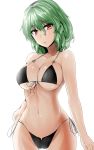  1girl alternate_costume arms_at_sides bikini black_bikini breasts cleavage collarbone commentary_request cowboy_shot front-tie_bikini front-tie_top green_hair highleg highleg_bikini highres kazami_yuuka large_breasts looking_at_viewer micro_bikini navel parted_lips red_eyes short_hair side-tie_bikini solo stomach swimsuit thigh_gap touhou under_boob white_background y2 