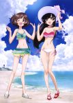  2girls :d ;d absurdres akiyama_yukari arm_up bikini bikini_skirt black_eyes black_hair breasts brown_eyes brown_hair cleavage collarbone frilled_bikini frills full_body girls_und_panzer groin hat highres isuzu_hana lighthouse long_hair medium_breasts multiple_girls navel no_socks official_art one_eye_closed open_mouth outdoors panties pink_flower pink_ribbon ribbon sandals short_hair side-tie_panties smile swimsuit underwear white_bikini white_hat 