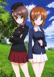  2girls absurdres black_hat brown_eyes brown_hair collarbone cowboy_shot crossed_arms eyebrows eyebrows_visible_through_hair girls_und_panzer grass hat highres looking_at_viewer military military_uniform multiple_girls nishizumi_maho nishizumi_miho official_art outdoors pleated_skirt red_skirt short_hair skirt tree uniform white_skirt 