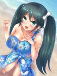  1girl :d bare_shoulders barefoot beach bikini blush breasts collarbone floral_print green_eyes green_hair hair_ribbon isuzu_(kantai_collection) kantai_collection large_breasts long_hair looking_at_viewer ocean open_mouth piyobomu ribbon sand sarong smile solo swimsuit twintails water white_ribbon 