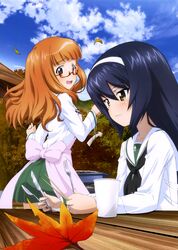  2girls absurdres apron black_hair brown_eyes chopsticks eyebrows eyebrows_visible_through_hair fork girls_und_panzer glasses green_skirt hair_between_eyes hairband highres holding holding_knife knife long_hair multiple_girls official_art open_mouth orange_hair outdoors paper_cup pleated_skirt reizei_mako school_uniform serafuku shirt skirt spoon takebe_saori white_hairband white_shirt 