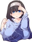  1girl bags_under_eyes bangs black_hair blue_eyes blush breasts collarbone hair_between_eyes hairband idolmaster idolmaster_cinderella_girls jewelry large_breasts long_hair long_sleeves looking_up necklace open_mouth sagisawa_fumika simple_background solo sweater turtleneck upper_body ushi white_background 