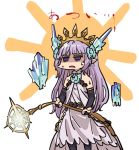  1girl bare_shoulders benitama blue_eyes bridal_gauntlets commentary_request flower granblue_fantasy hair_flower hair_ornament lily_(granblue_fantasy) long_hair pointy_ears rose staff tiara 