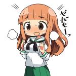  1girl blush breasts brown_eyes brown_hair embarrassed girls_und_panzer green_skirt kanikama large_breasts long_hair long_sleeves lowres necktie open_mouth school_uniform simple_background skirt solo sweat takebe_saori translation_request white_background 