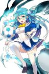  1girl :d ball black_shoes blue_eyes blue_hair blue_skirt clenched_hand fish fish_hair_ornament gl_ztoh glasses hair_ornament highres long_hair looking_at_viewer official_art open_mouth shoes skirt smile soccer_ball soccer_spirits solo standing standing_on_one_leg thigh-highs water white_legwear yuna_(soccer_spirits) 