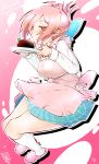  1girl amatsuka_megumi_(gj-bu) apron blush bow breasts cake chocolate_cake folded_ponytail food futa_(ceramic_cover) gj-bu highres large_breasts long_sleeves open_mouth pink_eyes pink_hair school_uniform short_hair skirt solo 