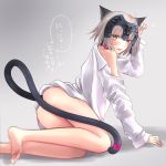  1girl animal_ears ass bare_shoulders blush cat_ears cat_tail collar fang fate/grand_order fate_(series) grey_hair helmet jeanne_alter naked_shirt off_shoulder ruler_(fate/apocrypha) ruler_(fate/grand_order) shirt short_hair solo sushimaro tail yellow_eyes 