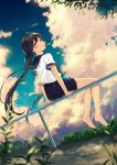  1girl achiki antenna_hair barefoot black_hair black_skirt blouse clenched_teeth clouds cloudy_sky dutch_angle foot_dangle from_behind grin highres long_hair looking_at_viewer looking_back mouth_hold on_railing original plant ponytail popsicle_stick railing school_uniform serafuku sitting skirt sky smile solo teeth very_long_hair violet_eyes white_blouse wind 