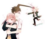  1girl 2boys dangan_ronpa flipped_hair hair_ornament hinata_hajime hug hug_from_behind komaeda_nagito multiple_boys nanami_chiaki pink_eyes saliva shell_(shell518) short_hair sleepy super_dangan_ronpa_2 