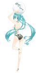 1girl :/ :t absurdres aqua_eyes aqua_hair arms_up ass ball breasts butt_crack closed_mouth eyebrows eyebrows_visible_through_hair full_body hair_between_eyes halterneck hatsune_miku highres holding_ball leg_up long_hair looking_at_viewer looking_back number nyamada simple_background small_breasts solo standing standing_on_one_leg translated very_long_hair vocaloid white_background 