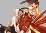  2girls animal_ears anne_bonny_(fate/grand_order) ass bare_back bare_shoulders blonde_hair blush breasts character_request cleavage copyright_request fate/grand_order fate_(series) grey_background large_breasts mary_read_(fate/grand_order) multiple_girls rabbit_ears red_eyes skull_and_crossbones white_hair 