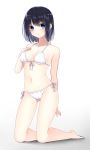  1girl bikini black_hair blue_eyes highres kneeling mikage_(miku39396918) original short_hair simple_background swimsuit white_bikini 