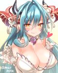  1girl aqua_hair breasts cleavage covered_nipples dress heart horn_ribbon horns large_breasts marshmallow_mille pointy_ears puzzle_&amp;_dragons ribbon satsuki_(p&amp;d) solo twitter_username wedding_dress yellow_eyes 
